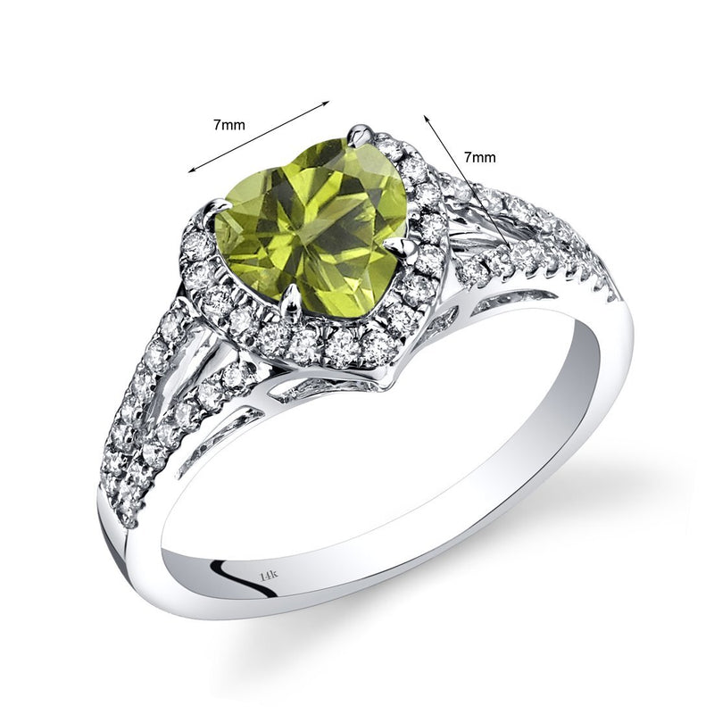 14K White Gold Peridot Diamond Halo Ring Heart Shape 1.65 Carats Total, Size 7