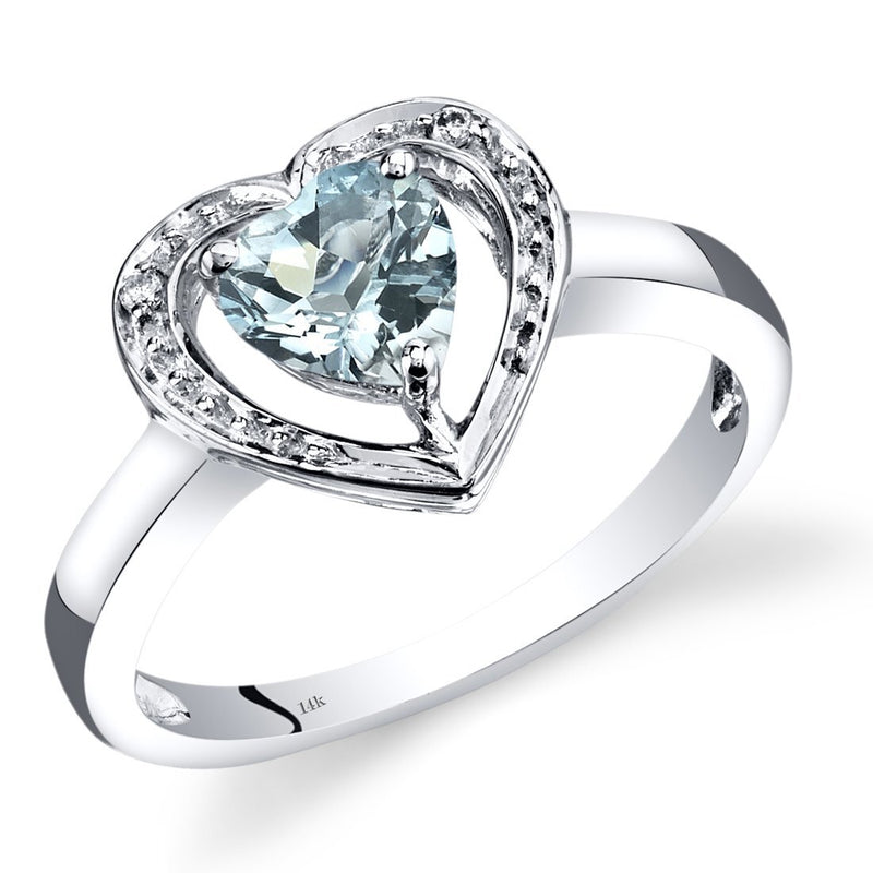 14K White Gold Aquamarine Diamond Heart Shape Promise Ring 0.75 Carats Total, Size 7