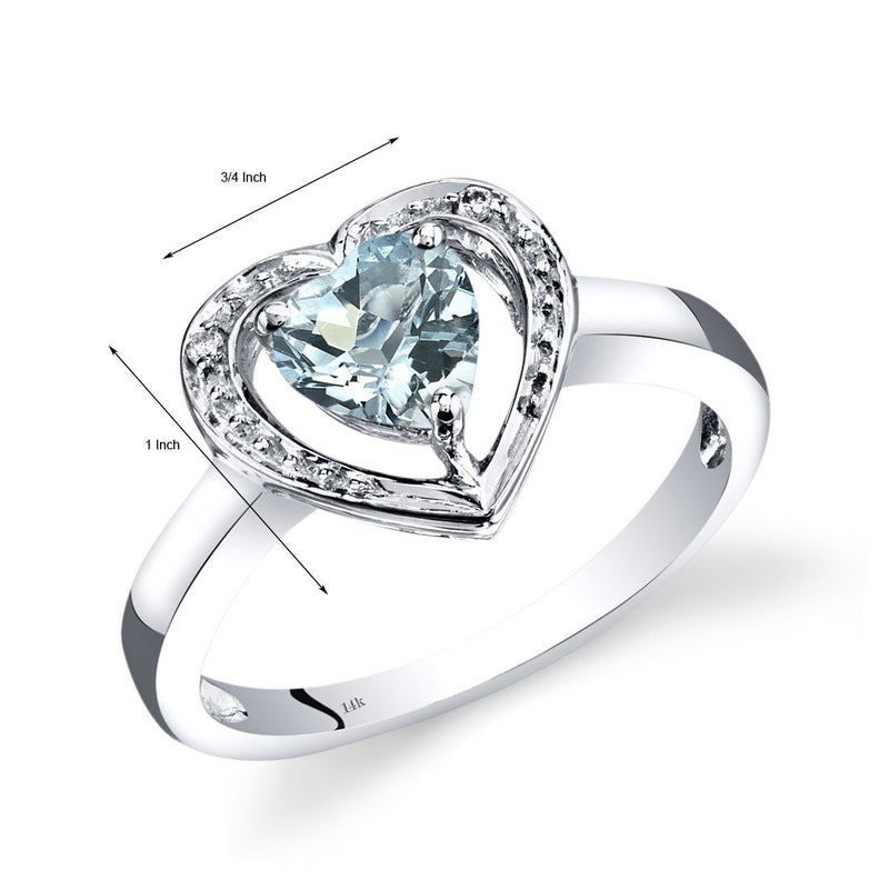 14K White Gold Aquamarine Diamond Heart Shape Promise Ring 0.75 Carats Total, Size 7
