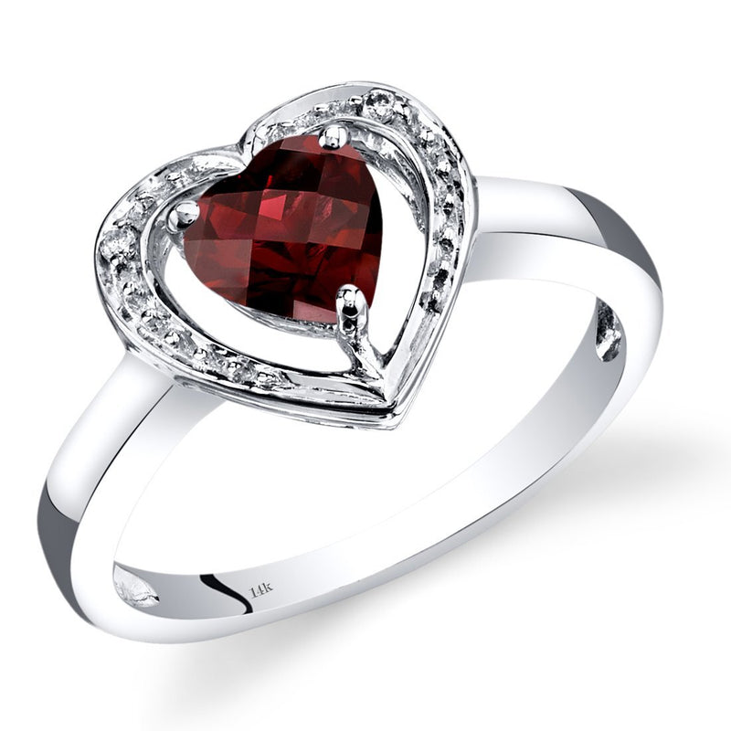 14K White Gold Garnet Diamond Heart Shape Promise Ring 0.75 Carats Total, Size 7