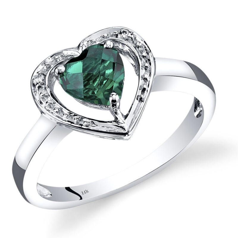 14K White Gold Created Emerald Diamond Heart Shape Promise Ring 0.75 Carats Total, Size 7