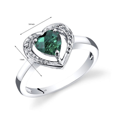 14K White Gold Created Emerald Diamond Heart Shape Promise Ring 0.75 Carats Total, Size 7