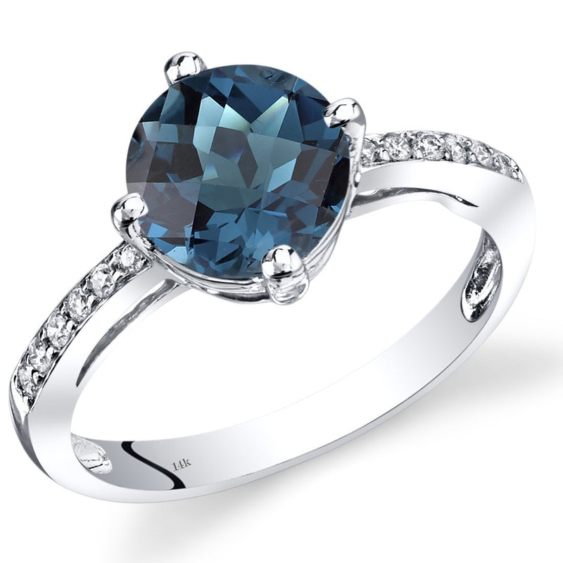 14K White Gold London Blue Topaz Solitaire Diamond Accent Ring 2.5 Carats Total, Size 7