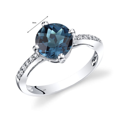 14K White Gold London Blue Topaz Solitaire Diamond Accent Ring 2.5 Carats Total, Size 7