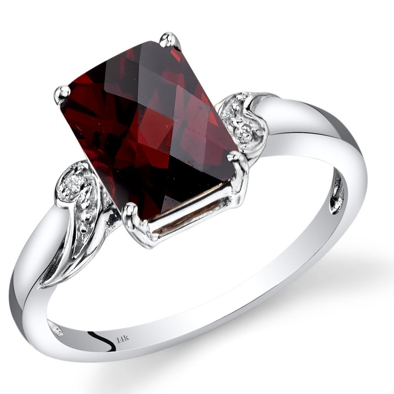 14K White Gold Garnet Diamond Ring Radiant Checkerboard Cut 2.75 Carats Total, Size 7