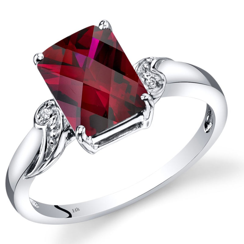 14K White Gold Created Ruby Diamond Ring Radiant Checkerboard Cut 3 Carats Total,  Size 7