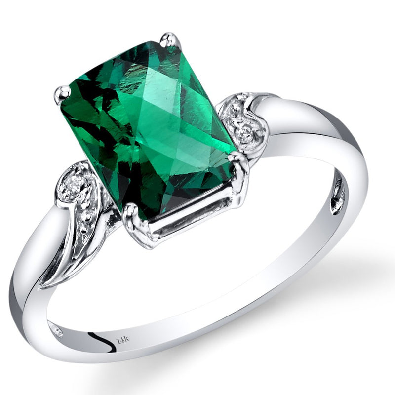 14K White Gold Created Emerald Diamond Ring Radiant Checkerboard Cut 2 Carats Total, Size 7