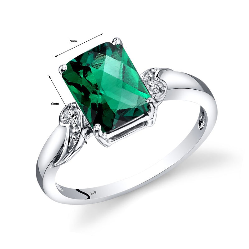 14K White Gold Created Emerald Diamond Ring Radiant Checkerboard Cut 2 Carats Total, Size 7