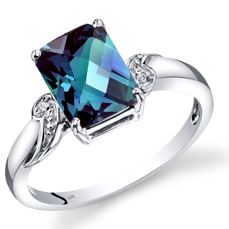 14K White Gold Created Alexandrite Diamond Ring Radiant Checkerboard Cut 2.5 Carats Total, Size 7