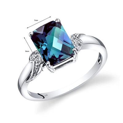 14K White Gold Created Alexandrite Diamond Ring Radiant Checkerboard Cut 2.5 Carats Total, Size 7