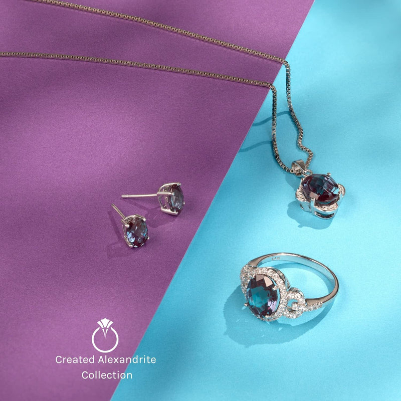 14K White Gold Created Alexandrite Diamond Ring Radiant Checkerboard Cut 2.5 Carats Total, Size 7