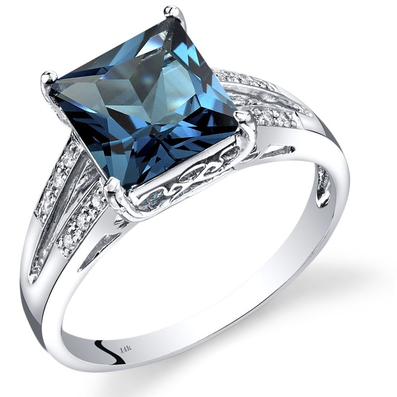 14K White Gold London Blue Topaz Diamond Ring Princess Cut 3 Carats Total, Size 7