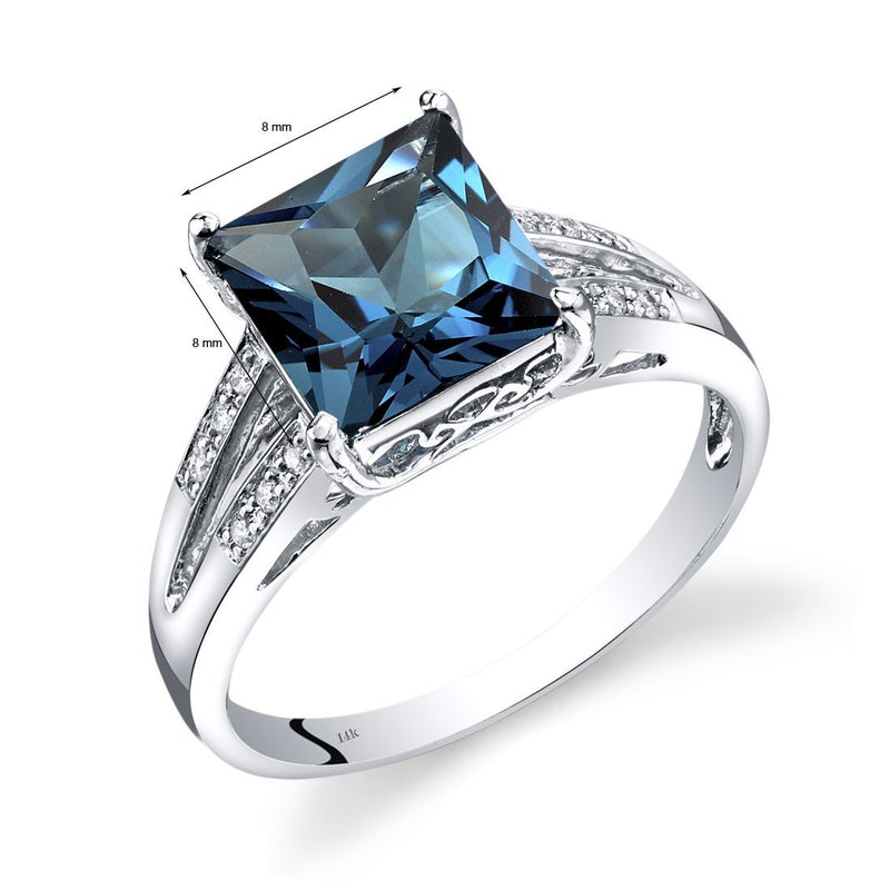 14K White Gold London Blue Topaz Diamond Ring Princess Cut 3 Carats Total, Size 7