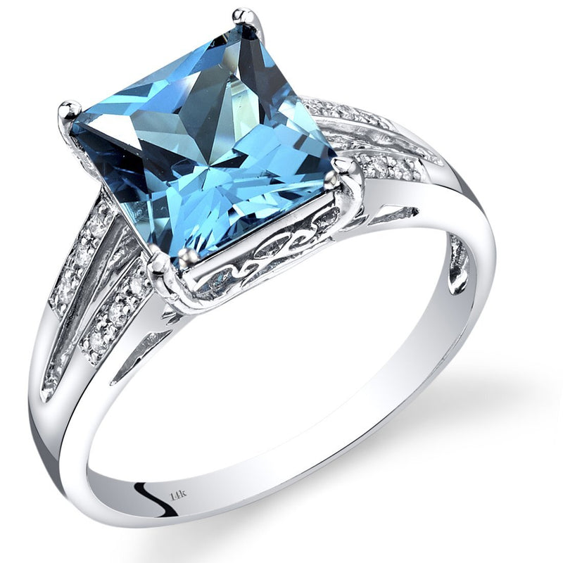14K White Gold Swiss Blue Topaz Diamond Ring Princess Cut 3 Carats Total, Size 7