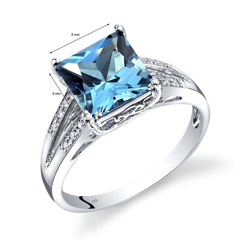 14K White Gold Swiss Blue Topaz Diamond Ring Princess Cut 3 Carats Total, Size 7