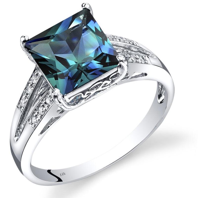 14K White Gold Created Alexandrite Diamond Ring Princess Cut 3 Carats Total , Size 7