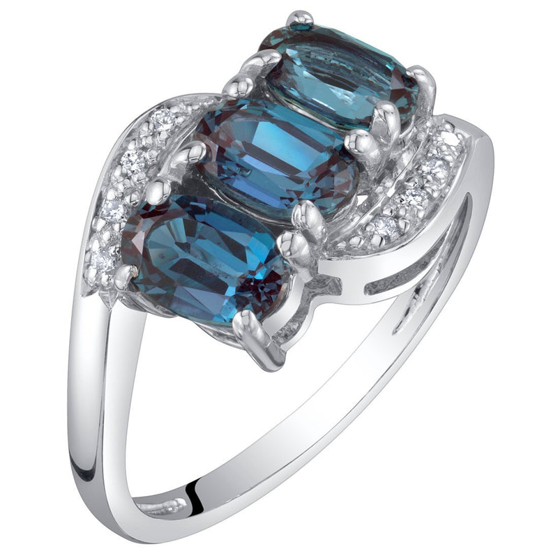 3-Stone Alexandrite  and Diamond Ring 14K White Gold 2.75 Carats Oval Shape