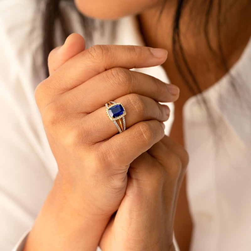 Cushion Cut Blue Sapphire and Diamond Ring 14K White Gold 3.40 Carats Total, Size 7