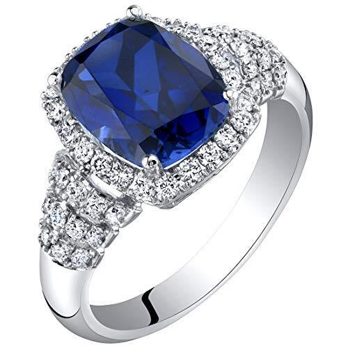 Cushion Cut Blue Sapphire and Diamond Ring 14K White Gold 4.75 Carats Total, Size 7