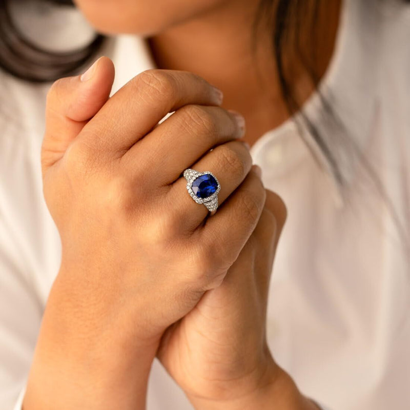Cushion Cut Blue Sapphire and Diamond Ring 14K White Gold 4.75 Carats Total, Size 7