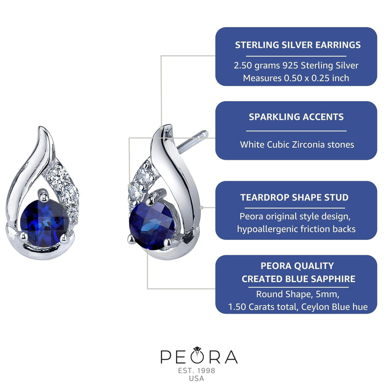 Princess cut gemstone solitaire stud 925 sterling silver earnings - created blue sapphire - sterling silver