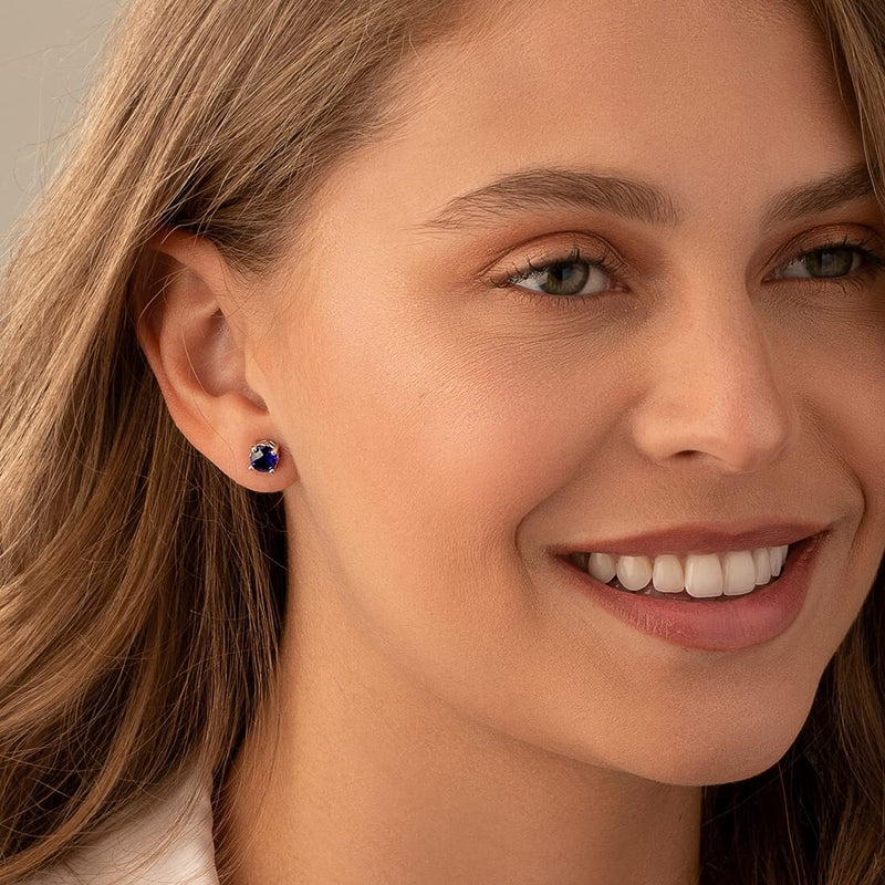 Princess cut gemstone solitaire stud sterling silver earnings - created blue sapphire - sterling silver