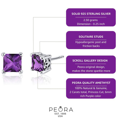 Princess Cut Gemstone Solitaire Stud 925 Sterling Silver Earrings