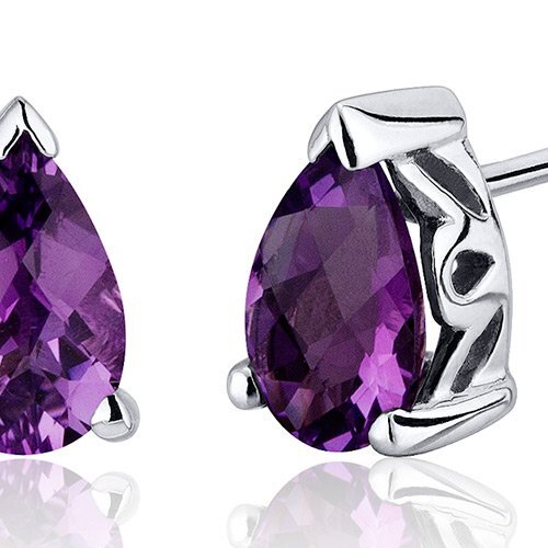 Amethyst Stud Earrings Sterling Silver Pear Shape 1.5 Carats
