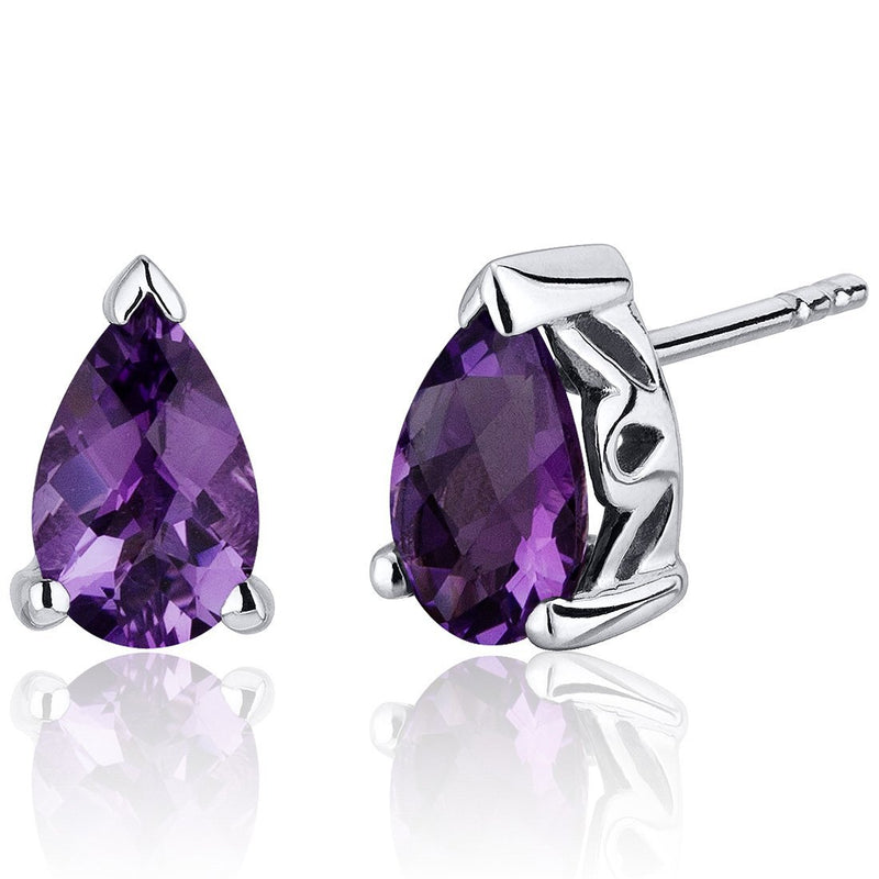 Amethyst Stud Earrings Sterling Silver Pear Shape 1.5 Carats