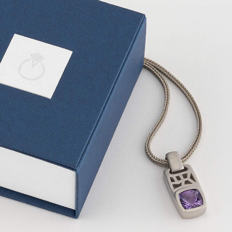 Cushion Cut Amethyst Tag Pendant Necklace for Men Sterling Silver 2.75 Carats