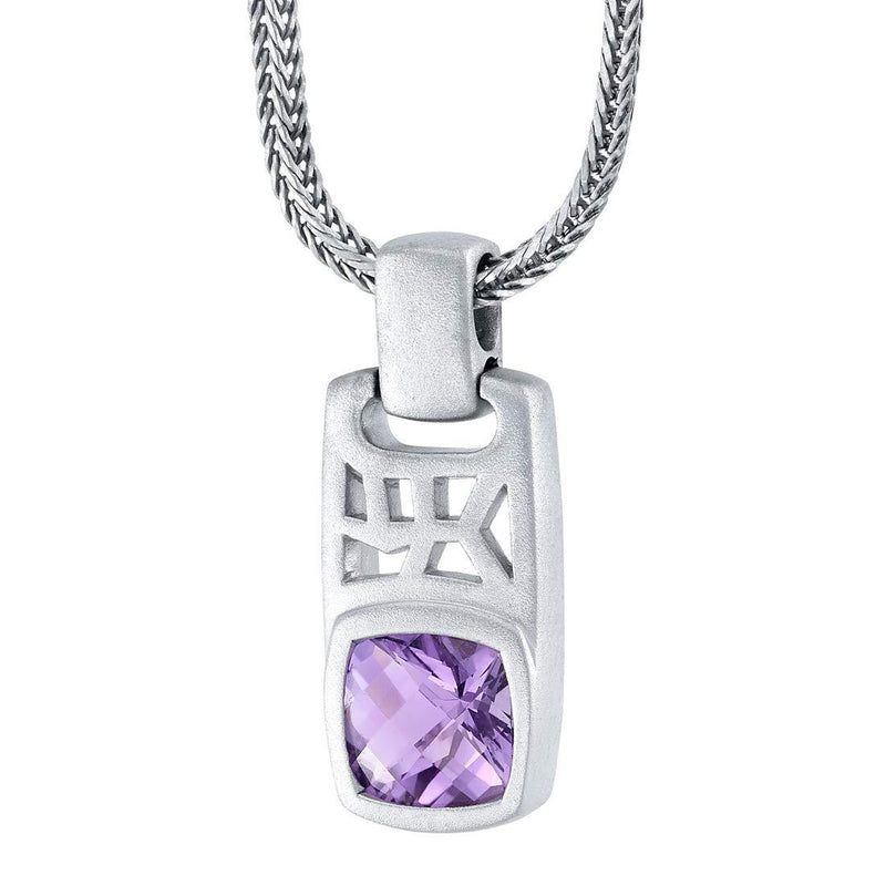 Cushion Cut Amethyst Tag Pendant Necklace for Men Sterling Silver 2.75 Carats