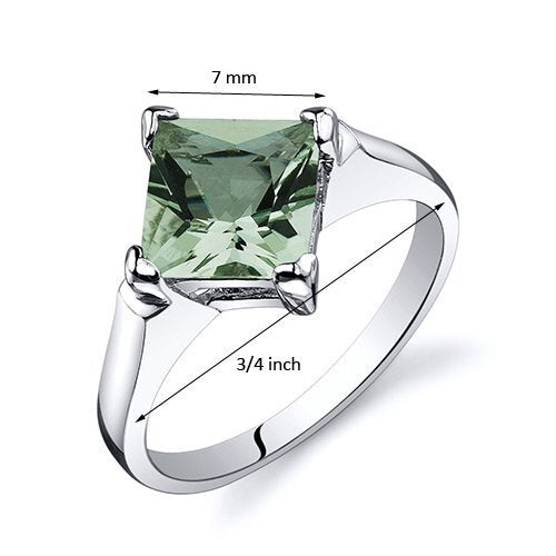 Green Amethyst Ring Sterling Silver Princess Shape 1.5 Carats