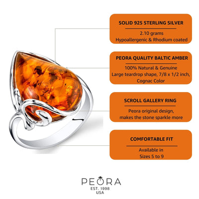 Baltic Amber Large Tear Drop Ring Sterling Silver Cognac Sizes 5-9
