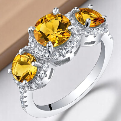 Citrine Sterling Silver 3 Stone Halo Ring 1 Carat Sizes 5 to 9