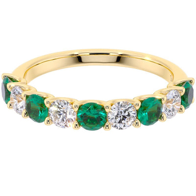Emerald and Diamond 9-Stone Half Eternity Band Ring 14K Gold 1 Carat