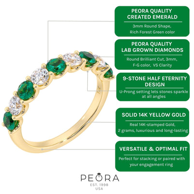 Emerald and Diamond 9-Stone Half Eternity Band Ring 14K Gold 1 Carat