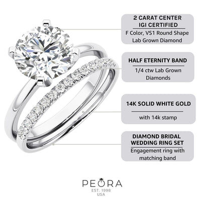 IGI Certified 2 Carats Lab Grown Diamond Classic Engagement Ring and Wedding Band Bridal Set 14K Gold