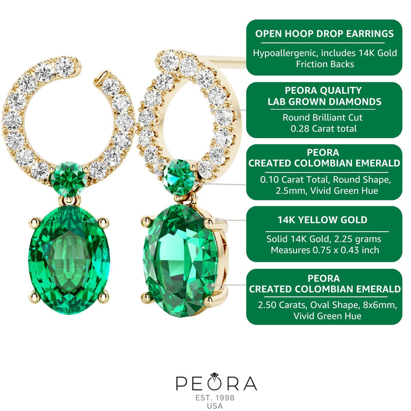 Colombian Emerald and Diamond Open Hoop Drop Earrings 14K Yellow Gold 2.50 Carats Oval Shape