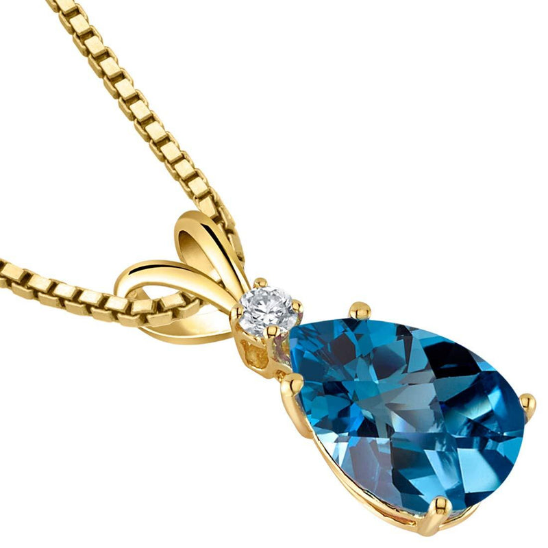 Pear Shape London Blue Topaz and Diamond Pendant Necklace 14K Yellow Gold 2 Carats