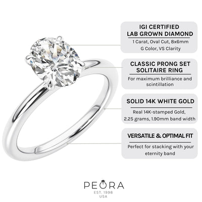 IGI Certified Oval Shape Lab Grown Diamond Solitaire Ring 14K White Gold 1 Carat