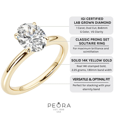 IGI Certified Oval Shape Lab Grown Diamond Solitaire Ring 14K Yellow Gold 1 Carat
