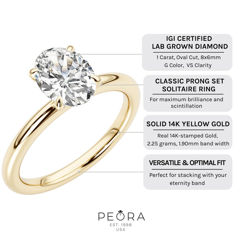 IGI Certified Oval Shape Lab Grown Diamond Solitaire Ring 14K Yellow Gold 1 Carat