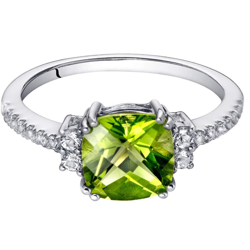 14K White Gold Peridot Ring Cushion Checkerboard Cut 2.25 Carats