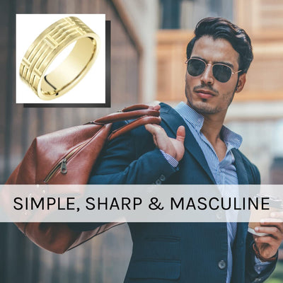 Men's 7mm Geometric Wedding Ring Band 14K Yellow Gold Comfort Fit