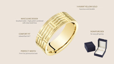 Men's 7mm Geometric Wedding Ring Band 14K Yellow Gold Comfort Fit