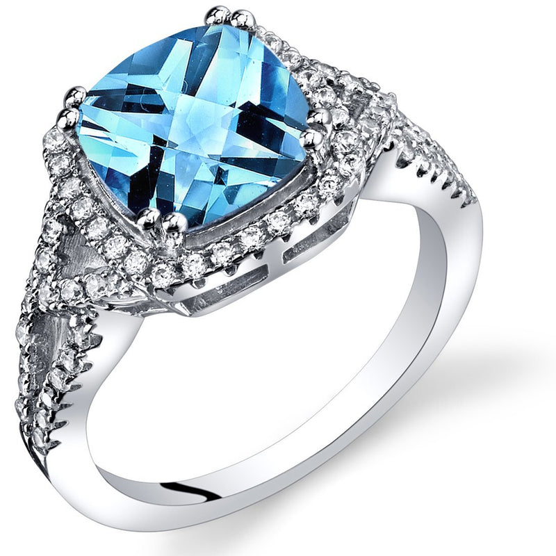 Swiss Blue Topaz Cushion Cut Checkerboard Ring Sterling Silver 2.25 Carats Sizes 5 to 9