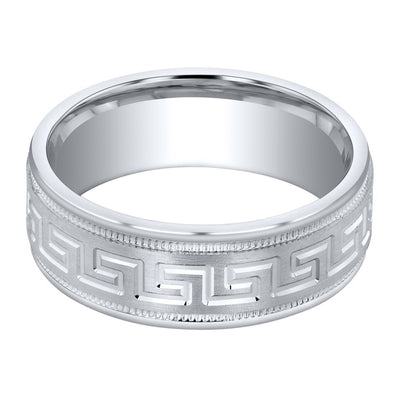 Men's Greek Key Wedding Ring Band 7mm Sterling Silver Brush Matte Comfort Fit