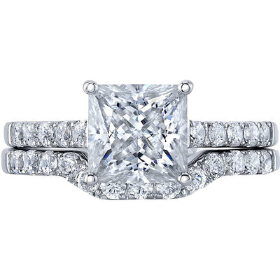 Princess Cut Moissanite Engagement Ring and Wedding Band Bridal Set Sterling Silver 2 Carats