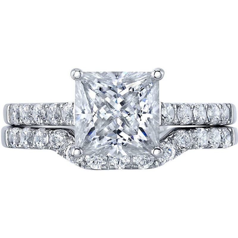 Princess Cut Moissanite Engagement Ring and Wedding Band Bridal Set Sterling Silver 2 Carats