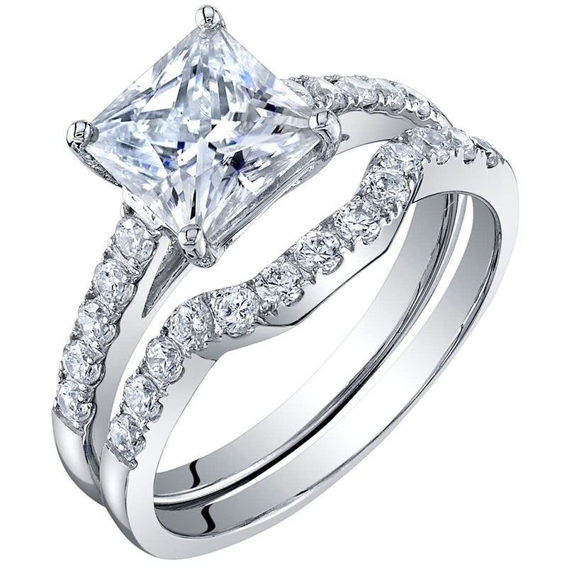 Princess Cut Moissanite Engagement Ring and Wedding Band Bridal Set Sterling Silver 2 Carats